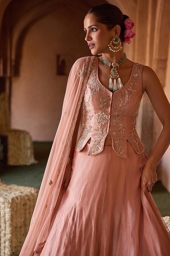 Peach Tissue & Taffeta Forest Embroidered Wedding Lehenga Set by Charu & Vasundhara at Pernia's Pop Up Shop