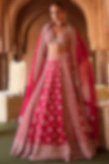Fuchsia Pink Cupro Silk Panel Embroidered Bridal Lehenga Set by Charu & Vasundhara at Pernia's Pop Up Shop