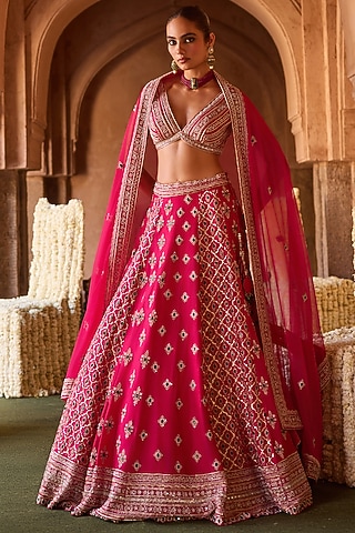 Fuchsia Pink Cupro Silk Panel Embroidered Lehenga Set by Charu & Vasundhara
