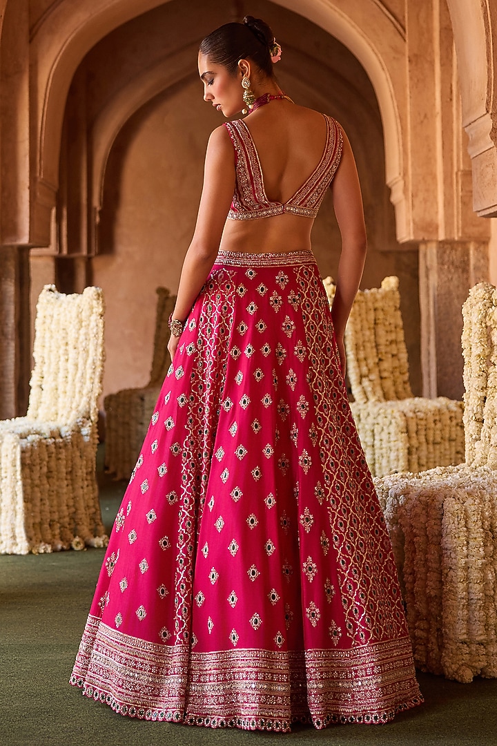 Fuchsia Pink Cupro Silk Panel Embroidered Bridal Lehenga Set by Charu & Vasundhara at Pernia's Pop Up Shop