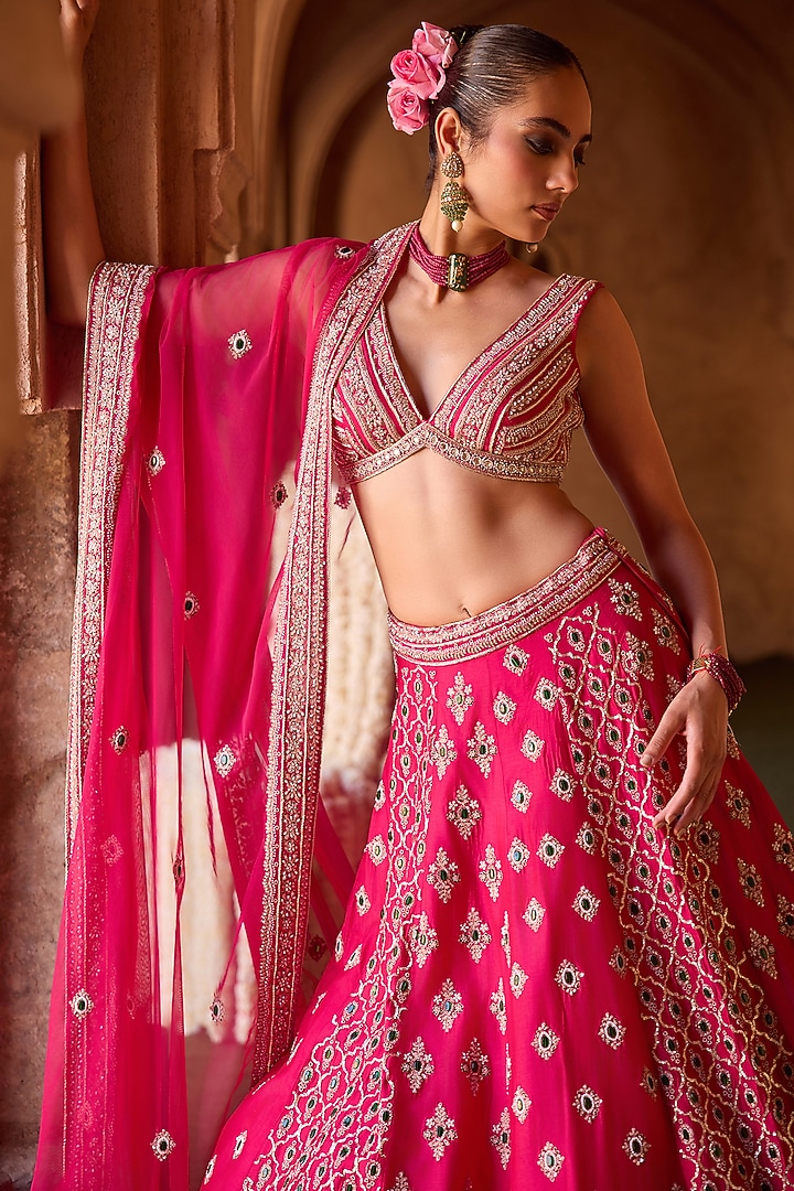Fuchsia Pink Cupro Silk Panel Embroidered Bridal Lehenga Set by Charu & Vasundhara at Pernia's Pop Up Shop