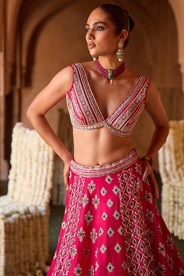 Fuchsia Pink Cupro Silk Panel Embroidered Bridal Lehenga Set by Charu & Vasundhara at Pernia's Pop Up Shop