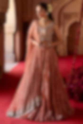 Rust Tissue Paisley Embroidered Crushed Wedding Lehenga Set by Charu & Vasundhara at Pernia's Pop Up Shop
