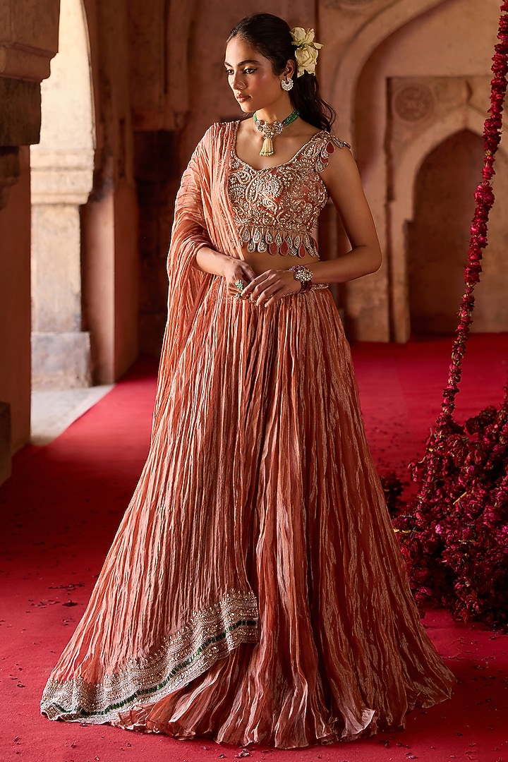 Rust Tissue Paisley Embroidered Crushed Wedding Lehenga Set by Charu & Vasundhara at Pernia's Pop Up Shop