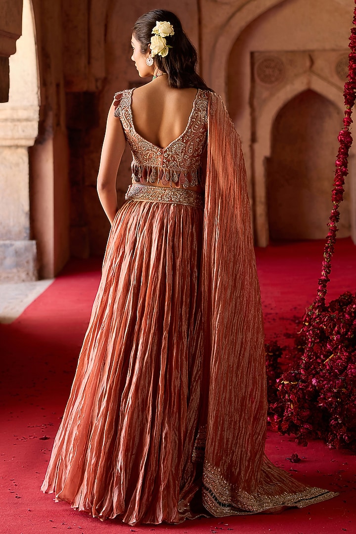 Rust Tissue Paisley Embroidered Crushed Wedding Lehenga Set by Charu & Vasundhara at Pernia's Pop Up Shop