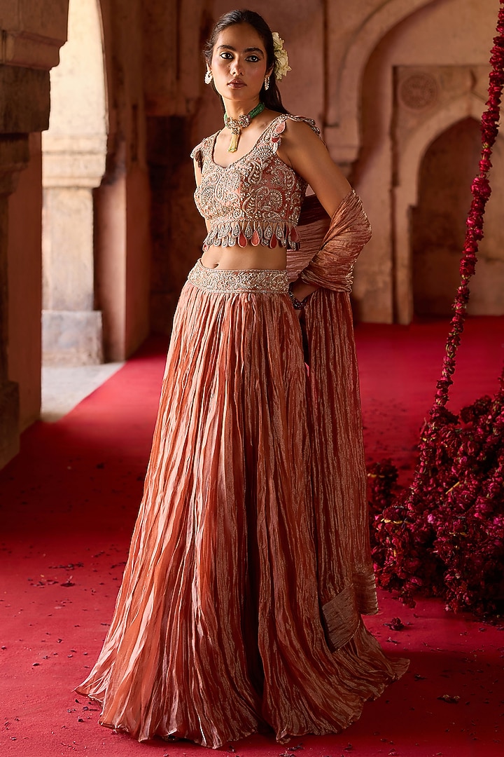 Rust Tissue Paisley Embroidered Crushed Wedding Lehenga Set by Charu & Vasundhara at Pernia's Pop Up Shop