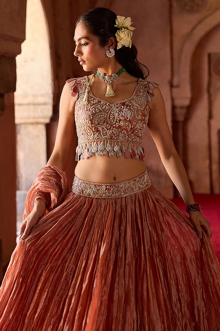 Rust Tissue Paisley Embroidered Crushed Wedding Lehenga Set by Charu & Vasundhara at Pernia's Pop Up Shop