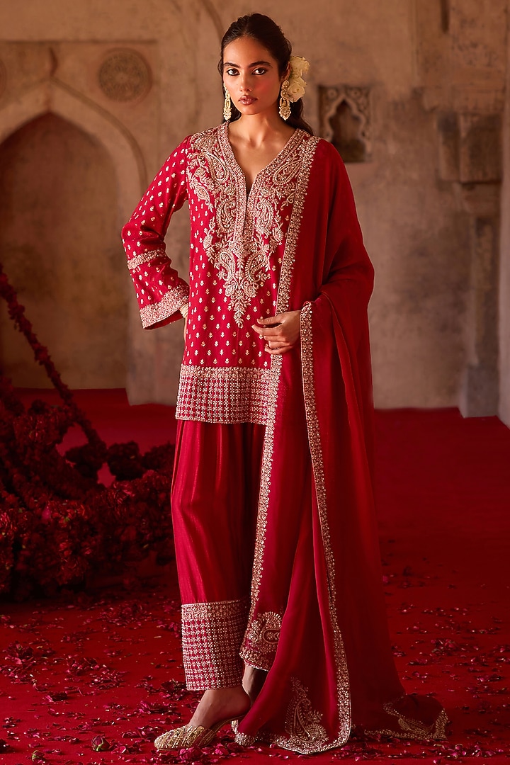 Burnt Red Cupro Silk Paisley Embroidered Kurta Set by Charu & Vasundhara at Pernia's Pop Up Shop