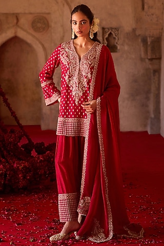 Burnt Red Cupro Silk Paisley Embroidered Kurta Set by Charu & Vasundhara