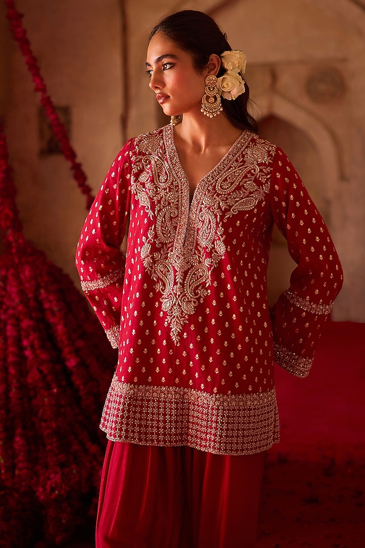 Burnt Red Cupro Silk Paisley Embroidered Kurta Set by Charu & Vasundhara at Pernia's Pop Up Shop
