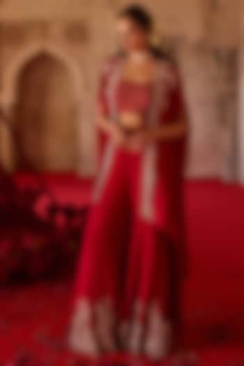 Burnt Red Cupro Silk Paisley Embroidered Cape Set by Charu & Vasundhara at Pernia's Pop Up Shop