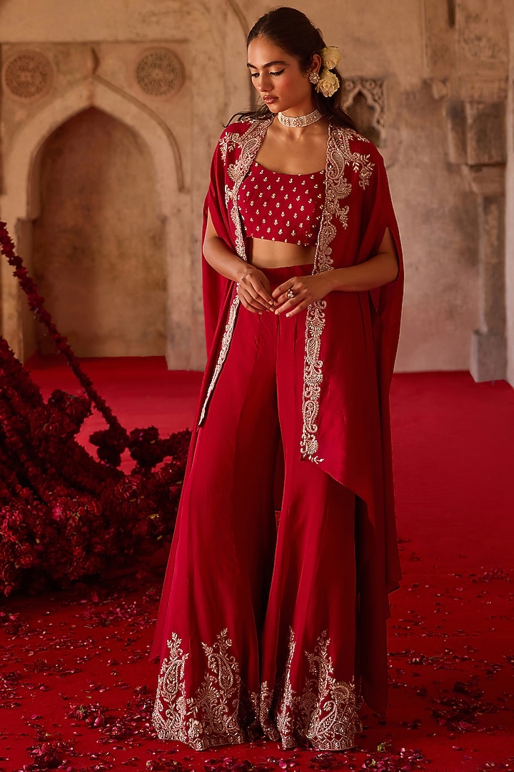 Burnt Red Cupro Silk Paisley Embroidered Cape Set by Charu & Vasundhara at Pernia's Pop Up Shop