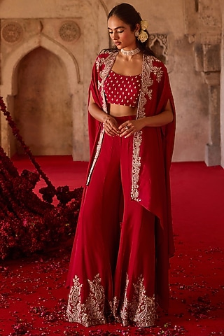 Burnt Red Cupro Silk Paisley Embroidered Cape Set by Charu & Vasundhara