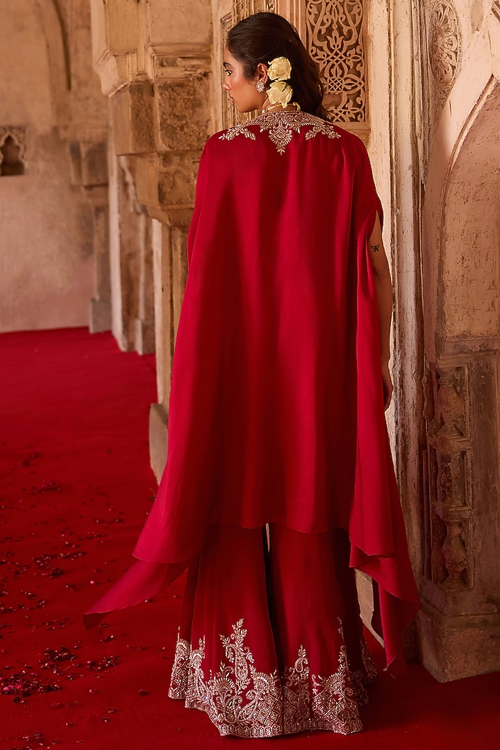 Burnt Red Cupro Silk Paisley Embroidered Cape Set by Charu & Vasundhara at Pernia's Pop Up Shop