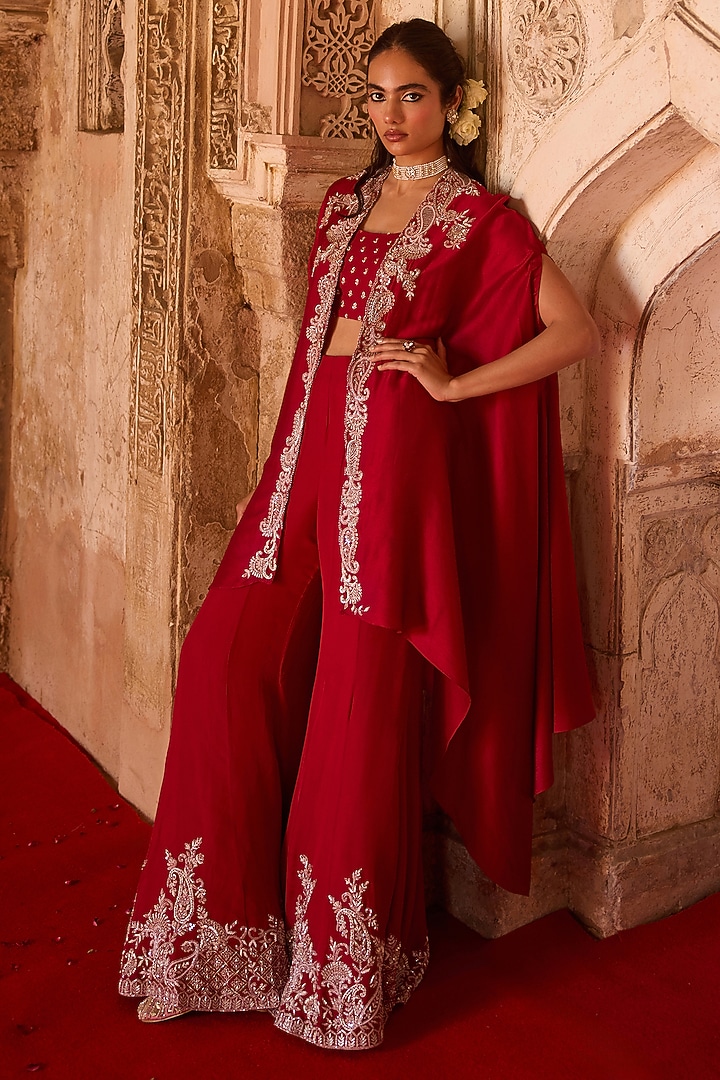 Burnt Red Cupro Silk Paisley Embroidered Cape Set by Charu & Vasundhara at Pernia's Pop Up Shop