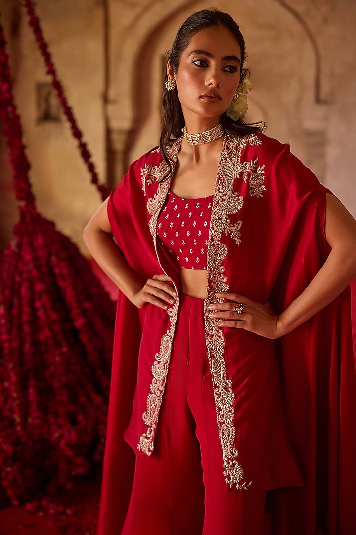 Burnt Red Cupro Silk Paisley Embroidered Cape Set by Charu & Vasundhara at Pernia's Pop Up Shop