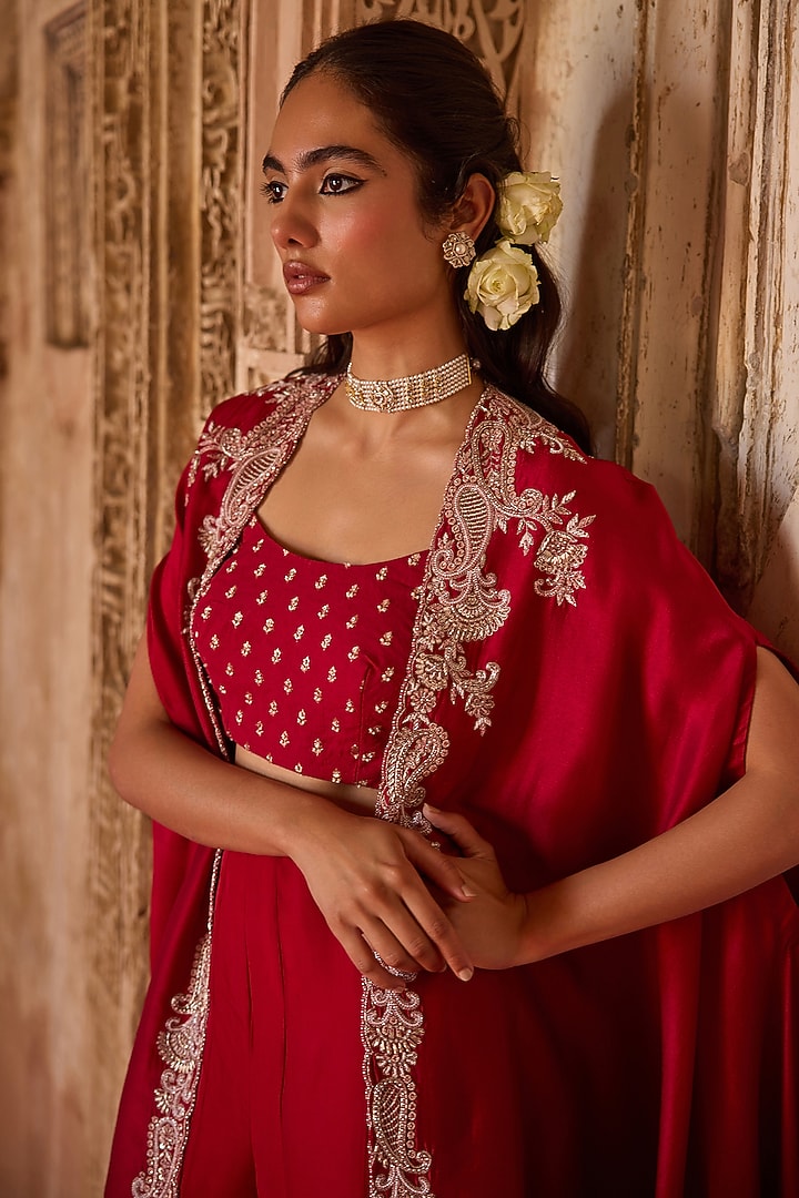 Burnt Red Cupro Silk Paisley Embroidered Cape Set by Charu & Vasundhara at Pernia's Pop Up Shop