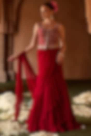 Burnt Red Cupro Silk Paisley Embroidered Draped Wedding Saree Set by Charu & Vasundhara at Pernia's Pop Up Shop