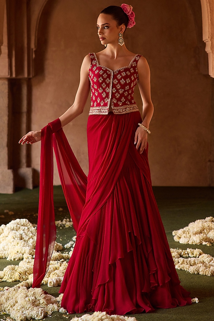 Burnt Red Cupro Silk Paisley Embroidered Draped Wedding Saree Set by Charu & Vasundhara at Pernia's Pop Up Shop