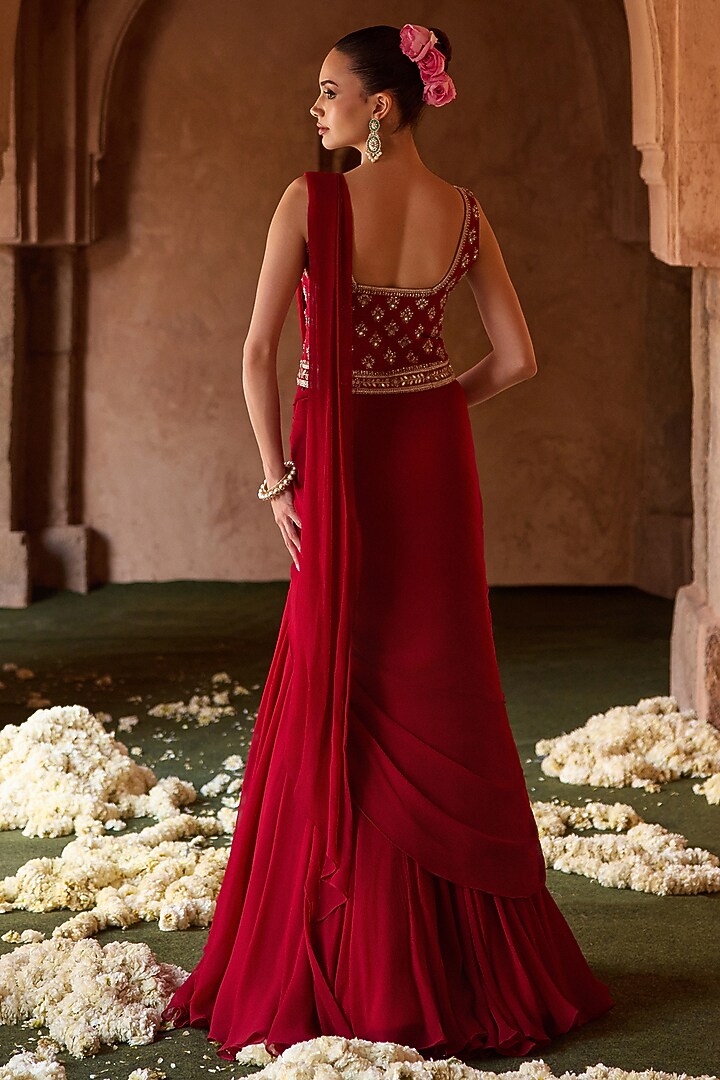 Burnt Red Cupro Silk Paisley Embroidered Draped Wedding Saree Set by Charu & Vasundhara at Pernia's Pop Up Shop