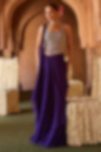 Purple Cupro Silk Paisley Embroidered Draped Wedding Saree Set by Charu & Vasundhara at Pernia's Pop Up Shop