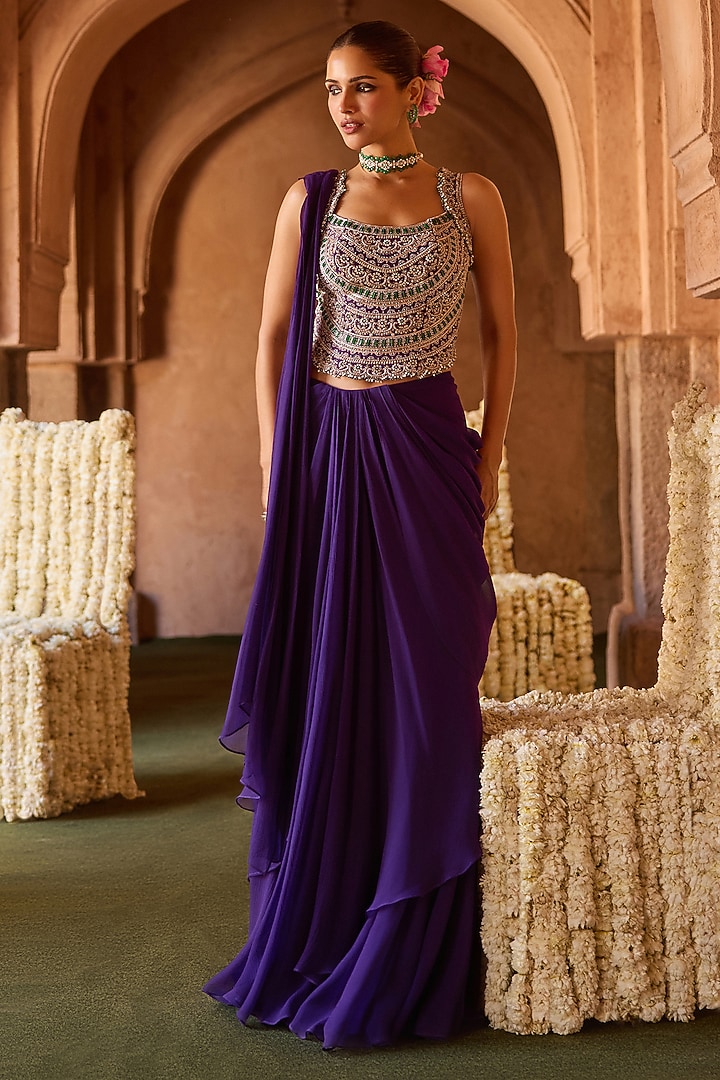 Purple Cupro Silk Paisley Embroidered Draped Wedding Saree Set by Charu & Vasundhara at Pernia's Pop Up Shop