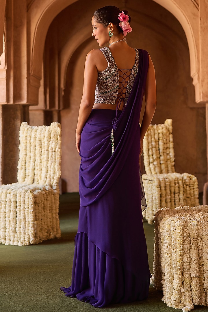 Purple Cupro Silk Paisley Embroidered Draped Wedding Saree Set by Charu & Vasundhara at Pernia's Pop Up Shop