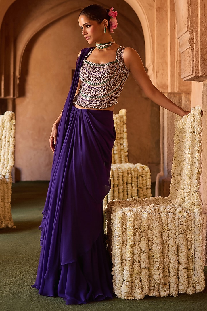 Purple Cupro Silk Paisley Embroidered Draped Wedding Saree Set by Charu & Vasundhara at Pernia's Pop Up Shop