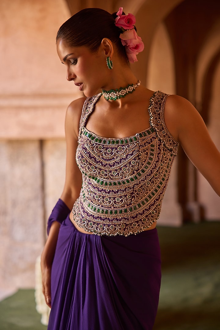 Purple Cupro Silk Paisley Embroidered Draped Wedding Saree Set by Charu & Vasundhara at Pernia's Pop Up Shop
