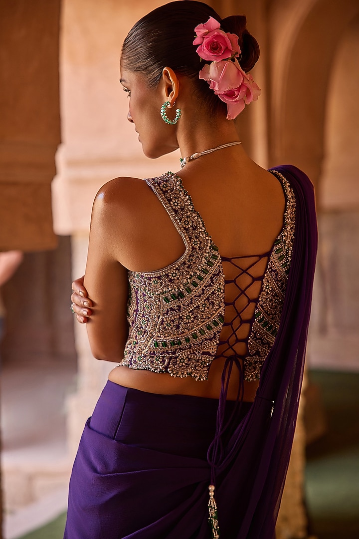 Purple Cupro Silk Paisley Embroidered Draped Wedding Saree Set by Charu & Vasundhara at Pernia's Pop Up Shop