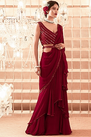 Oxblood Hand Embroidered Ruffled Saree Set by Charu & Vasundhara