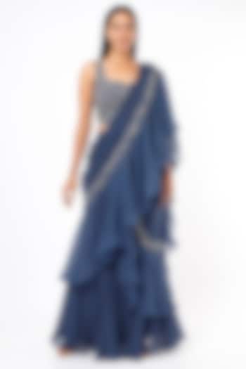 Blue Organza Pre-Stitched Saree Set by Charu & Vasundhara