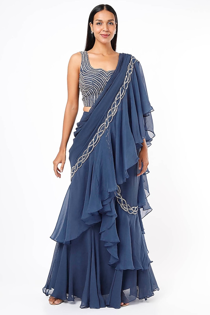 Blue Organza Pre-Stitched Saree Set by Charu & Vasundhara at Pernia's Pop Up Shop