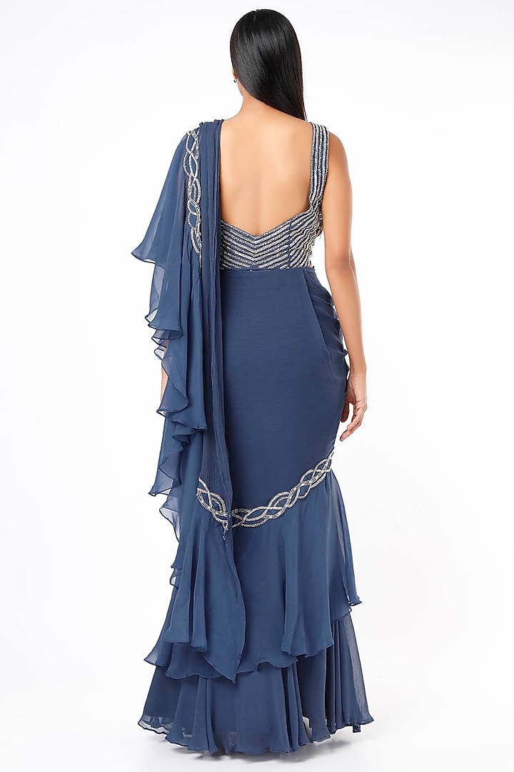 Blue Organza Pre-Stitched Wedding Saree Set by Charu & Vasundhara at Pernia's Pop Up Shop