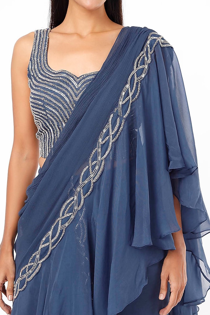 Blue Organza Pre-Stitched Wedding Saree Set by Charu & Vasundhara at Pernia's Pop Up Shop