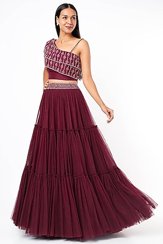 Wine Net Skirt Set by Charu & Vasundhara