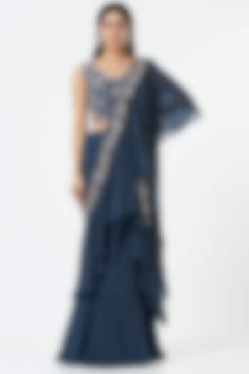 Midnight Blue Chiffon Pre-Draped Saree Set by Charu & Vasundhara