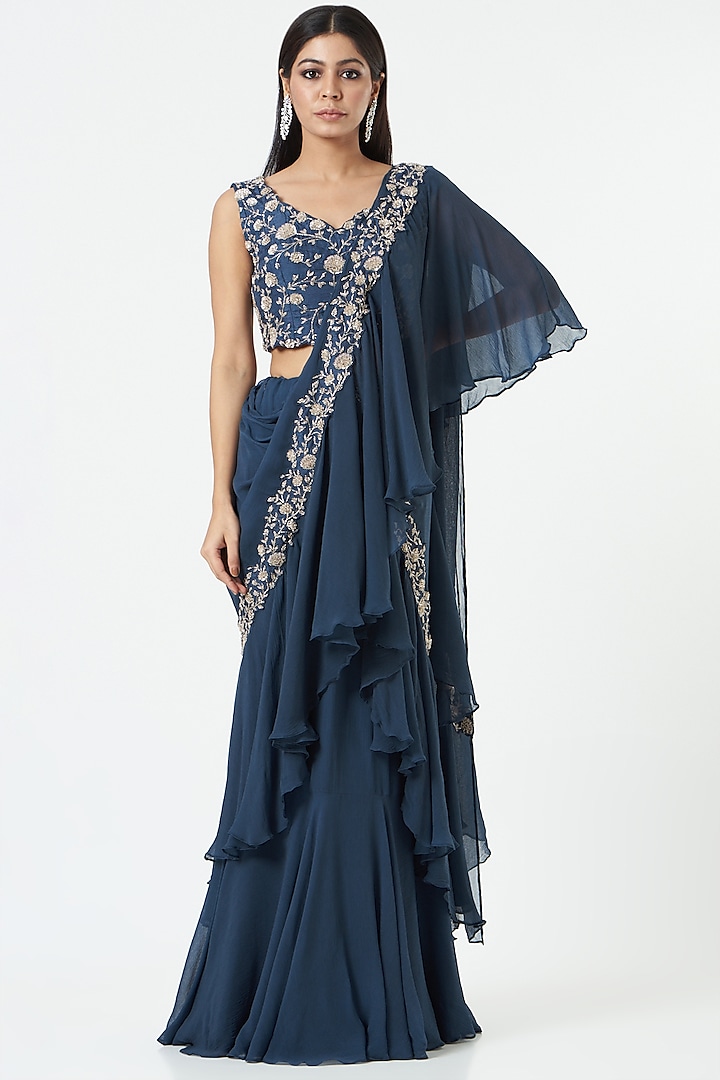 Midnight Blue Chiffon Pre-Draped Saree Set by Charu & Vasundhara