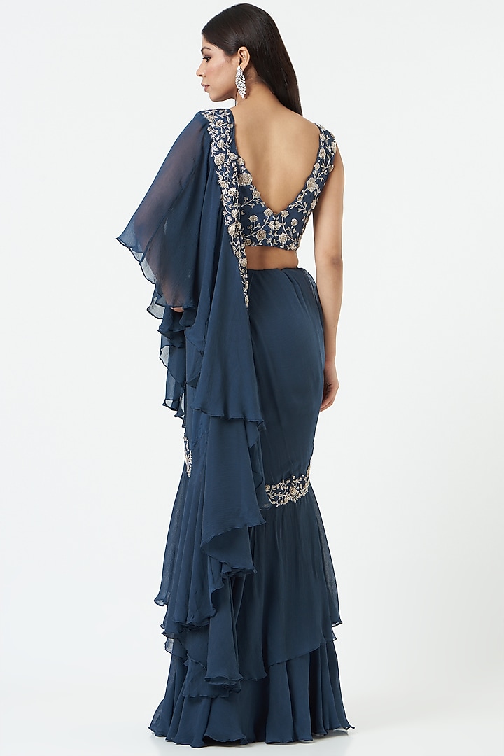 Midnight Blue Chiffon Pre-Draped Wedding Saree Set by Charu & Vasundhara at Pernia's Pop Up Shop