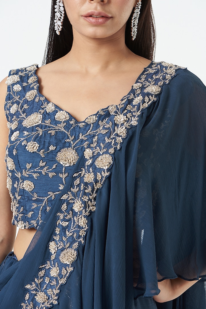 Midnight Blue Chiffon Pre-Draped Wedding Saree Set by Charu & Vasundhara at Pernia's Pop Up Shop