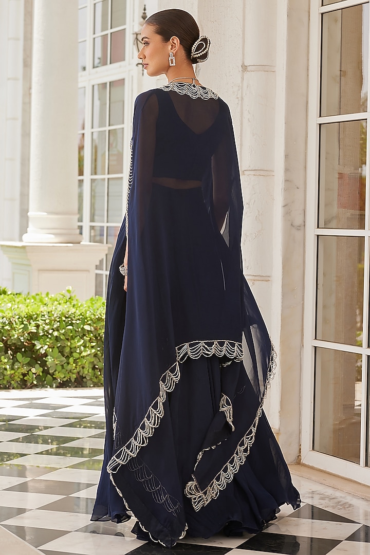 Navy Blue Organza Hand Embroidered Cape Set by Charu & Vasundhara at Pernia's Pop Up Shop
