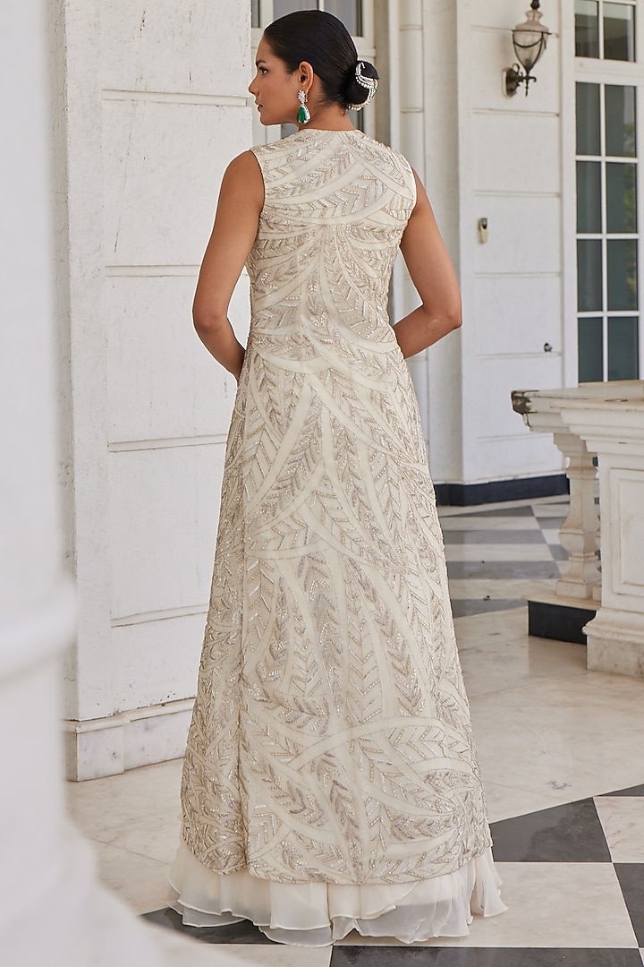 Ivory Net Embellished Jacket Set by Charu & Vasundhara at Pernia's Pop Up Shop