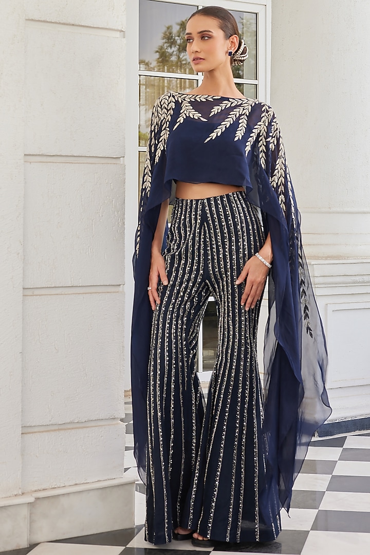 Navy Blue Net Pant Set by Charu & Vasundhara