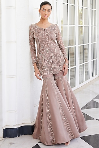 Salmon Pink Organza Embroidered Sharara Set by Charu & Vasundhara