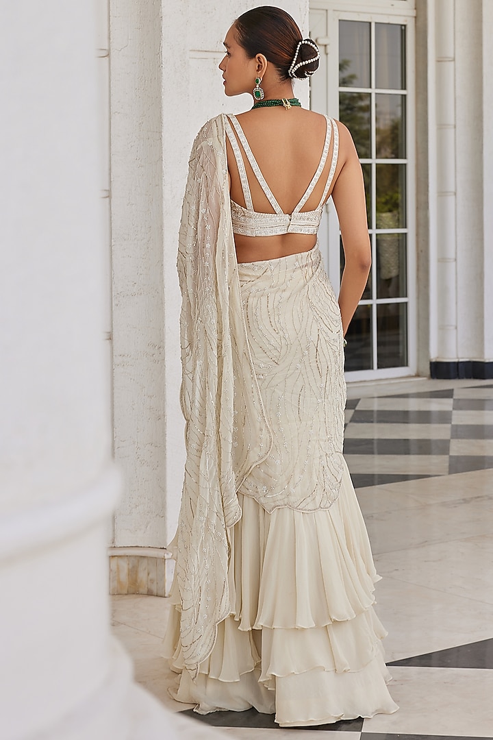 Ivory Organza & Chiffon Embroidered Pre-Draped Wedding Saree Set by Charu & Vasundhara at Pernia's Pop Up Shop