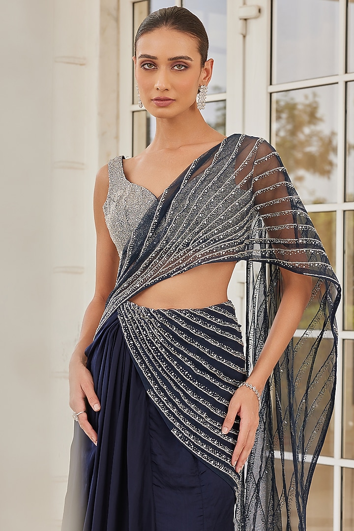 Navy Blue Satin Organza & Net Embroidered Pre-Draped Wedding Saree Set by Charu & Vasundhara at Pernia's Pop Up Shop