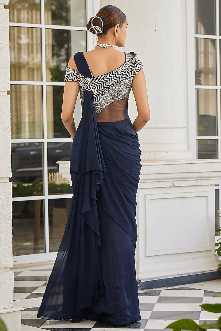 Navy Blue Chiffon Satin Organza Embellished Gown Saree by Charu