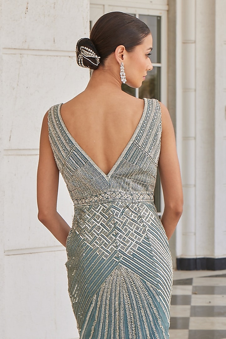 Deep Aqua Net Embroidered Engagement Gown by Charu & Vasundhara at Pernia's Pop Up Shop
