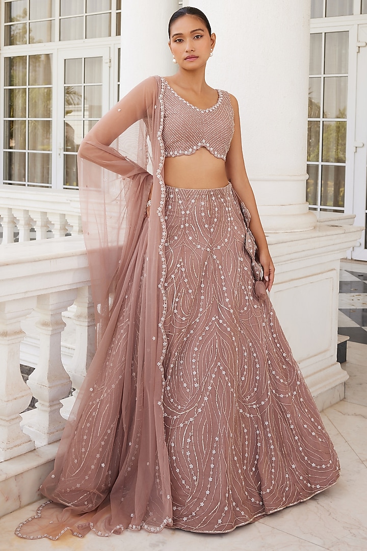 Salmon Pink Net Embroidered Lehenga Set by Charu & Vasundhara