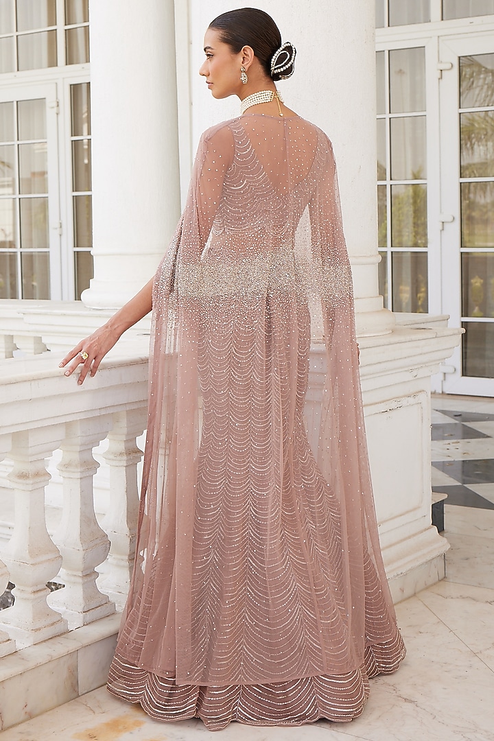 Salmon Pink Net Embroidered Jacket Wedding Lehenga Set by Charu & Vasundhara at Pernia's Pop Up Shop